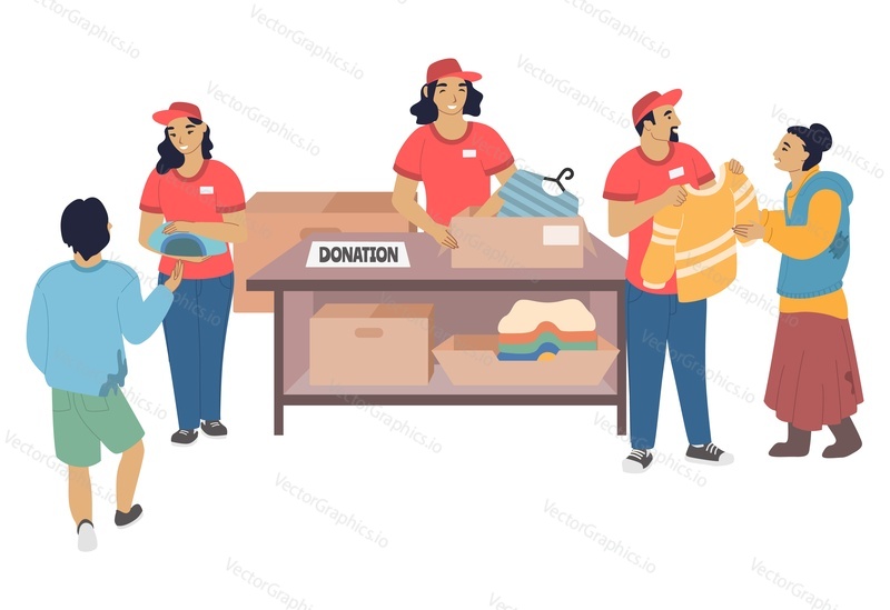 Volunteers donating clothes to homeless people, flat vector illustration. Homeless aid, volunteering and charity. Humanitarian help.