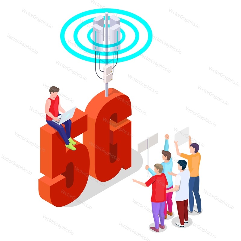 Активисты, выступающие против 5g, с плакатами, протестующими против новых высокоскоростных вышек сотовой связи, плоская векторная изометрическая иллюстрация. Демонстрация против мобильной технологии 5G, опасной для здоровья населения, окружающей среды.