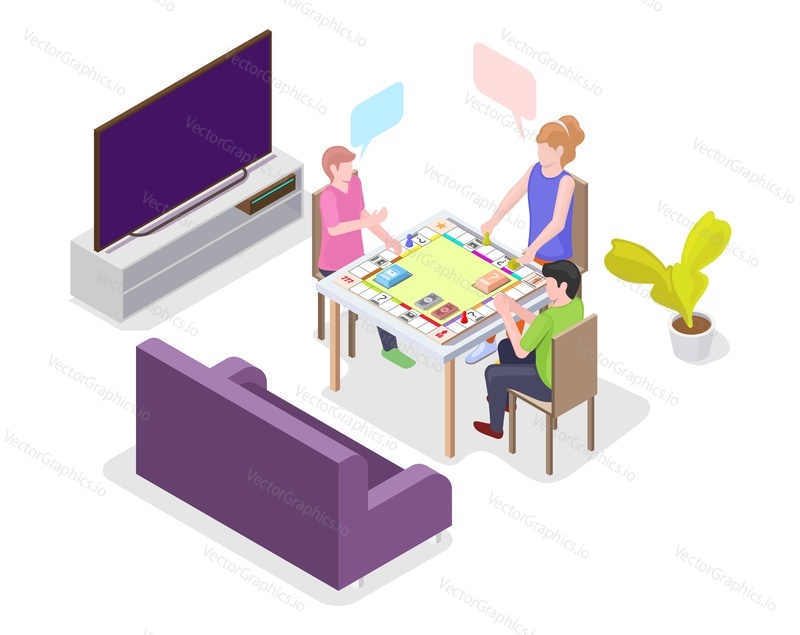 Šťastné děti hrají deskovou hru sedí u stolu, ploché vektorové izometrické ilustrace. Děti tráví čas společně hraním stolní hry. Domácí volnočasové aktivity.