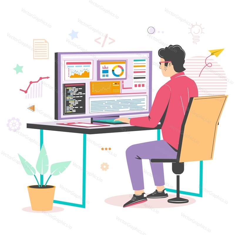 Full stack developer working on computer sitting at desk, flat vector illustration. IT professional, web developer programming, coding.