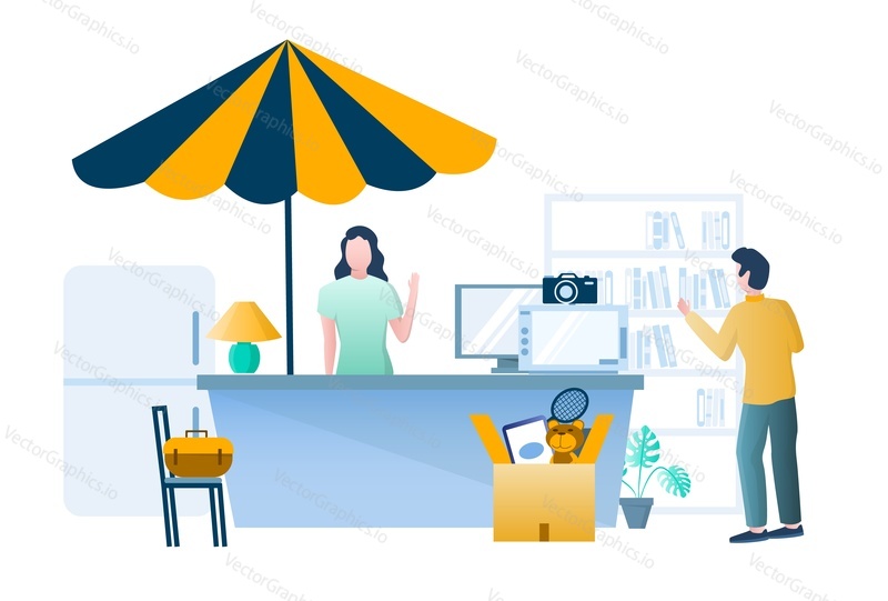 Гаражная распродажа. Женщина продает подержанные спортивные товары, бытовую технику, игрушки. Мужчина-покупатель выбирает книгу, плоская векторная иллюстрация. Дворовая распродажа, блошиный рынок.