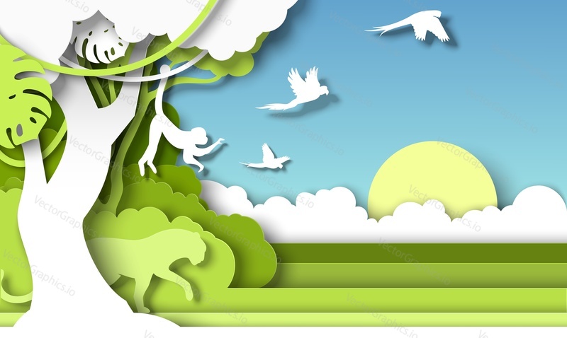 Jungle rainforest landscape and wild animals silhouettes, vector illustration in paper art style. Save animals, protect and discover wildlife. Travel.