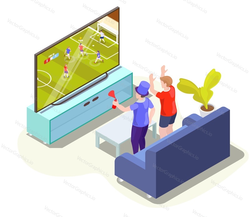 Football fans watching soccer match translation on tv supporting favorite team from home, flat vector isometric illustration. Live football on television channel.