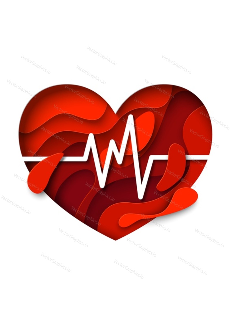 World Heart Day vector poster, banner template. Layered paper cut red heart with pulse, heartbeat symbol. Health awareness day concept.