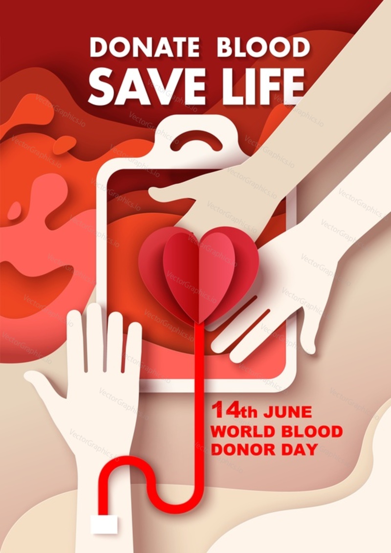 June 14, World Blood Donor Day poster template. Donor hand giving blood saving life and receiving heart in return, vector illustration in paper art style.