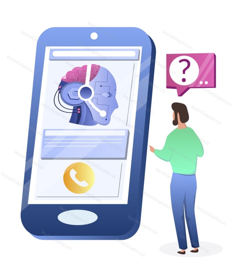 Muž kladení otázek a přijímání odpovědí chatbota online, ploché vektorové ilustrace. Osobní virtuální asistent, AI chatbot konzultant. online zákaznická podpora, chat bot poradenské služby.