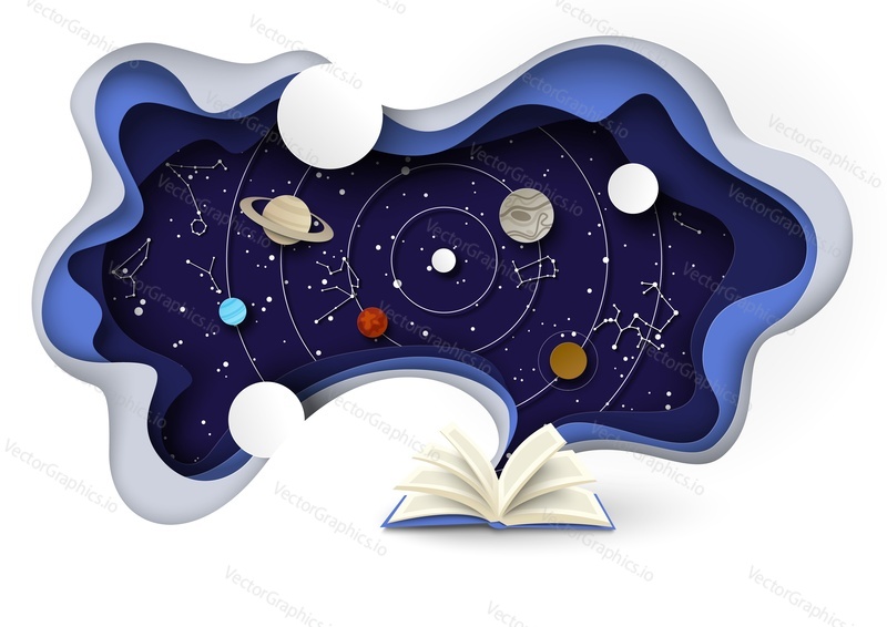 Open book with starry sky, solar system planets orbiting Sun, zodiac constellations, vector illustration in paper art style. Astrology, astronomy science, imagination, horoscope predictions.