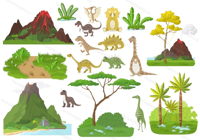 Cute jurassic dino cartoon character set, prehistoric nature, volcanoes, flat vector isolated illustration. Dinosaur era.