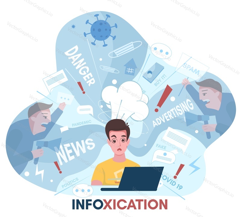 Молодой человек, перегруженный новостями из Интернета, социальных сетей, плоская векторная иллюстрация. Политика, covid-19, реклама. Слишком много информации сводит его с ума. Информационная перегрузка, инфоксикация.