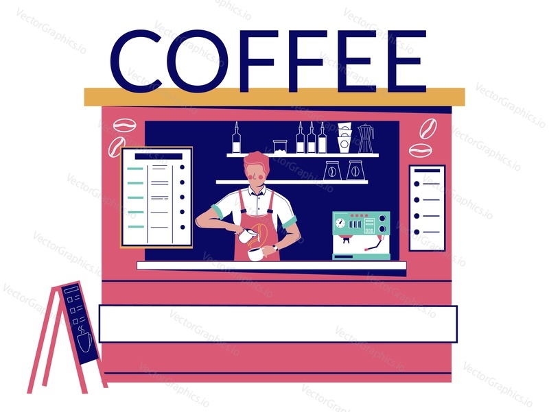 Pouliční kavárna s Barista dělat kávu, ploché vektorové ilustrace. Pouliční kavárna malý podnik.