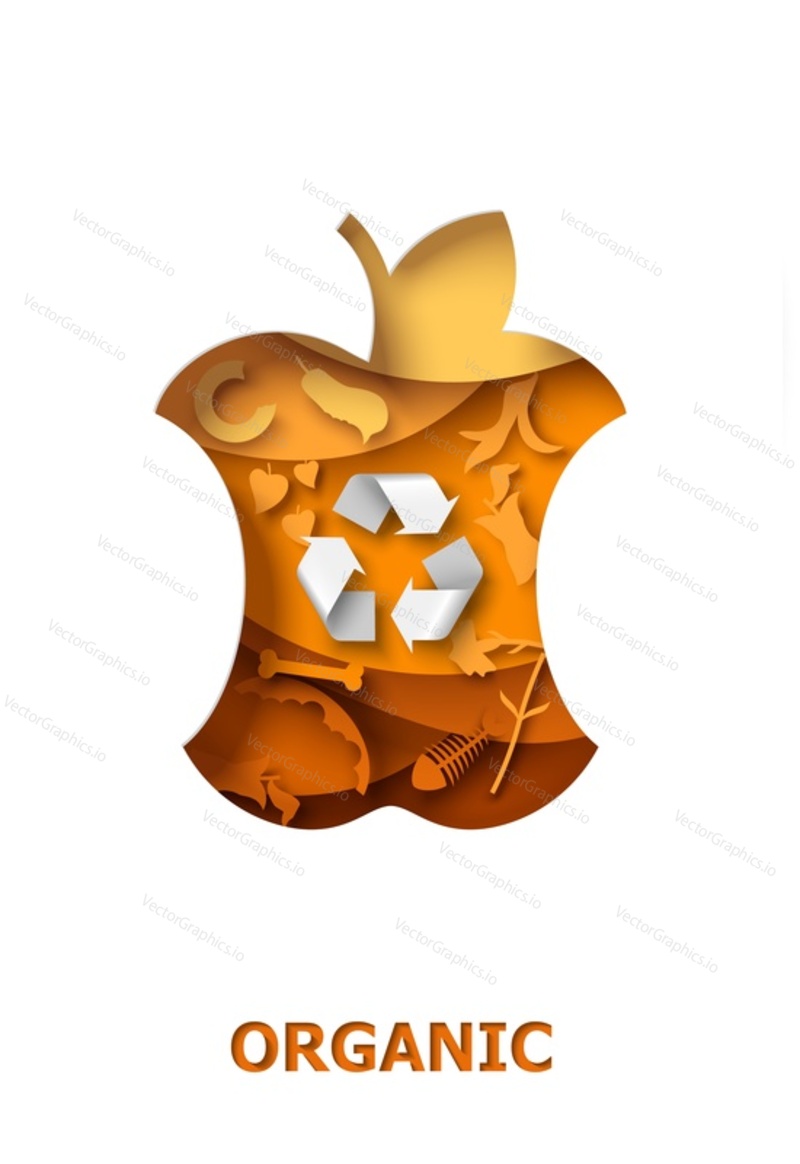Bitten apple with organic food waste and recycle sign, vector illustration in paper art style. Composting, other reuse of biodegradable waste.