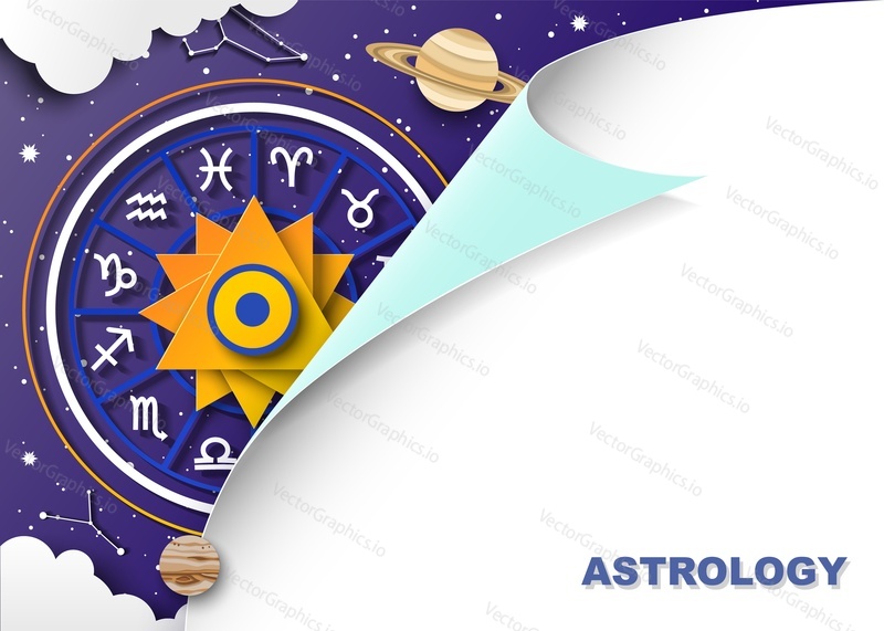 Zodiac wheel with twelve horoscope signs, planets, starry sky, zodiac constellations, vector illustration in paper art style. Astrology poster template with copy space.