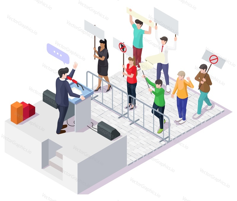 Politician giving speech behind the rostrum in front of protesters with placards, flat vector isometric illustration. Political protest, strike. Political activity.