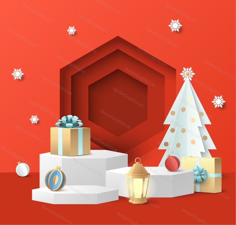 White display podium mockup set with gift boxes, paper cut Christmas tree, decorations, vector illustration. Christmas studio, platform, stand, stage for gift, cosmetic product promotion.