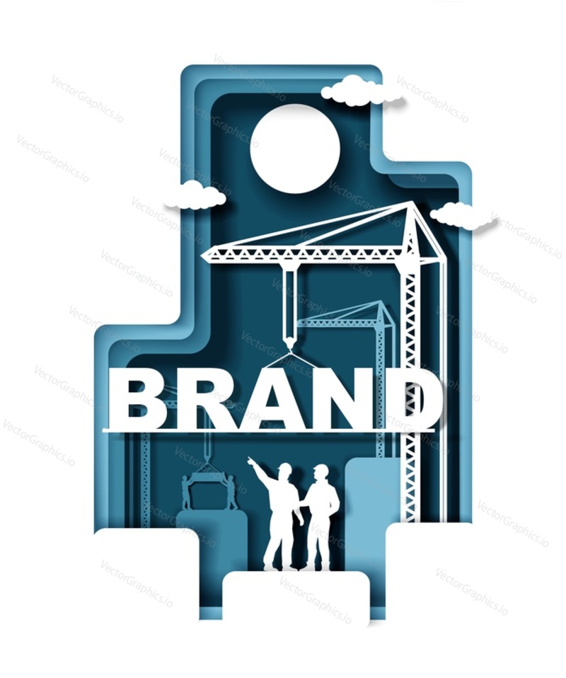 Construction site, builder workers, crane silhouettes, Brand word, vector illustration in paper art style. Brand building, branding, corporate identity creation concept.