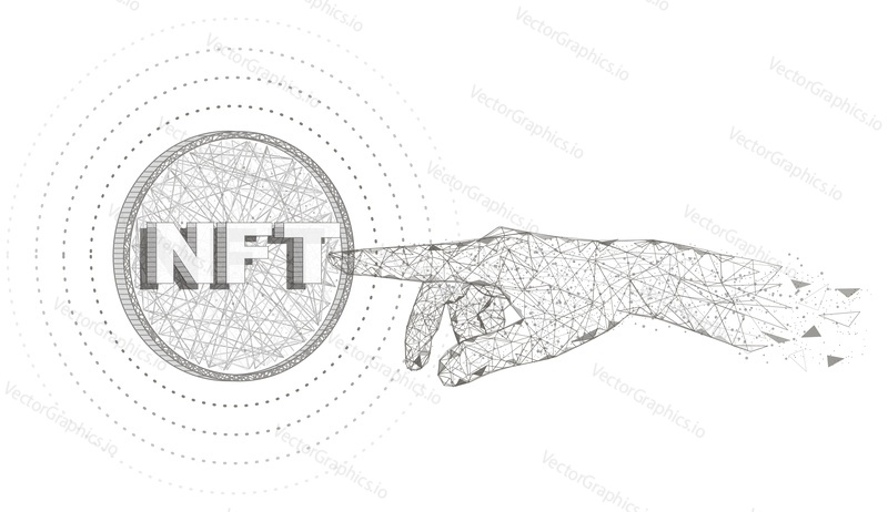 NFT ruční dotyk, nízká poly drátěná síť, vektorové polygonální ilustrace ve stylu umění. Nezastupitelné tokeny, NFT crypto art.
