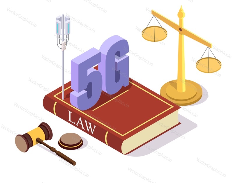 Иллюстрация векторной концепции регулирования и права 5G. Изометрический знак 5G на книге законов, весах правосудия, судейском молотке. Высокоскоростная сеть.