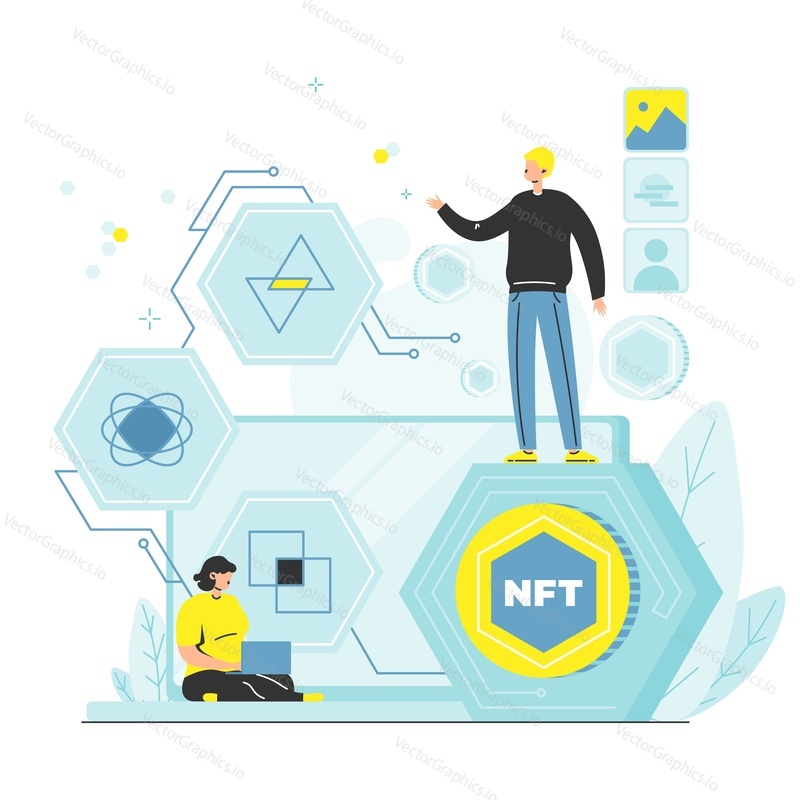 Художник NFT продает цифровые работы коллекционеру произведений искусства за криптовалюту, плоская векторная иллюстрация. Криптоискусство. Технология блокчейна NFT.