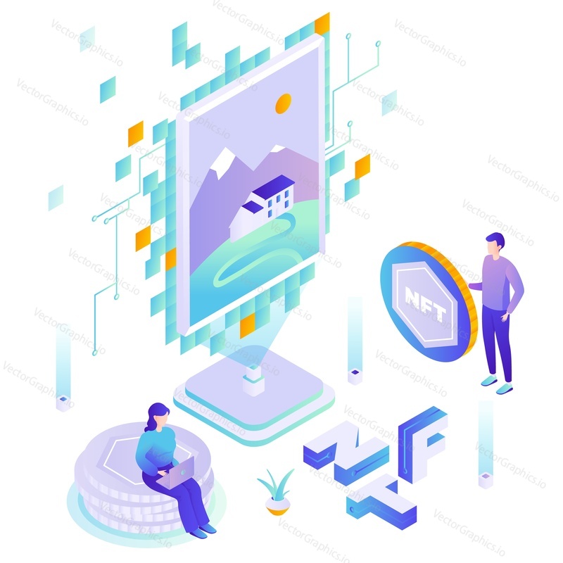 Digitální umělec prodávající tokeny nft pro kryptoměnu, ploché vektorové izometrické ilustrace. Digitální krypto umění. Nezaměnitelný token.