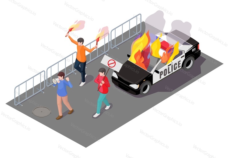 Burning police car, activists with flaming torches, placard, megaphone, flat vector isometric illustration. Protest action. Violent public disturbance, civil unrest, street riot.