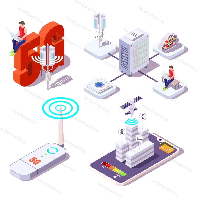 набор значков 5g, плоская векторная изометрическая иллюстрация. Люди, пользующиеся беспроводным высокоскоростным интернетом. Поставщик услуг широкополосной связи. беспроводная технология 5g.