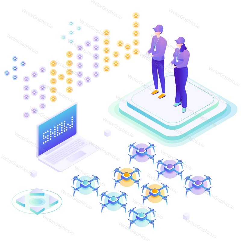Drone show, people using remote controllers, flat vector isometric illustration. Remote control quadcopter. Drone display.