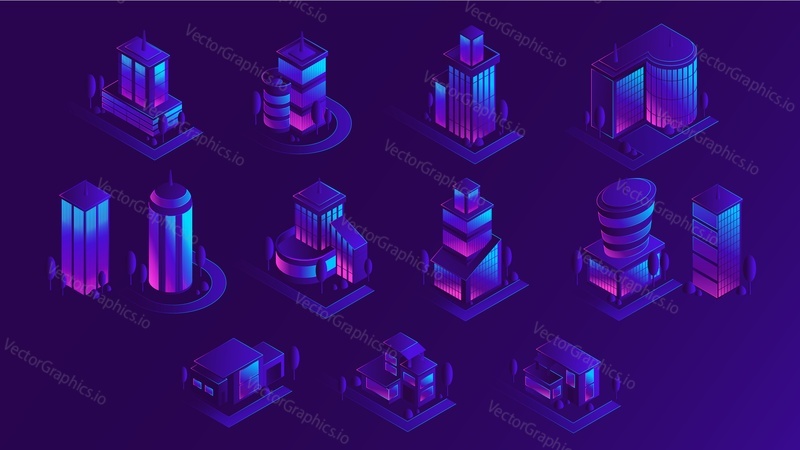 Izometrické město stavební sada, vektorové izolované ilustrace. Městská moderní architektura, fialové neonové osvětlení.