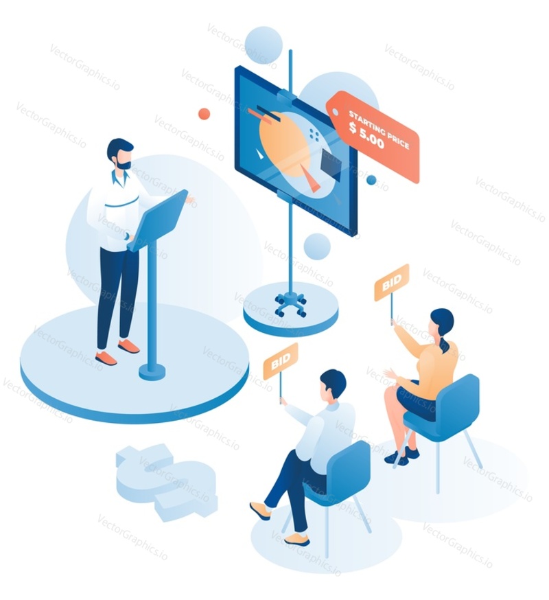 Auction scene with auctioneer calling out starting price, buyers making bids, flat vector isometric illustration. Auction and bidding concept.