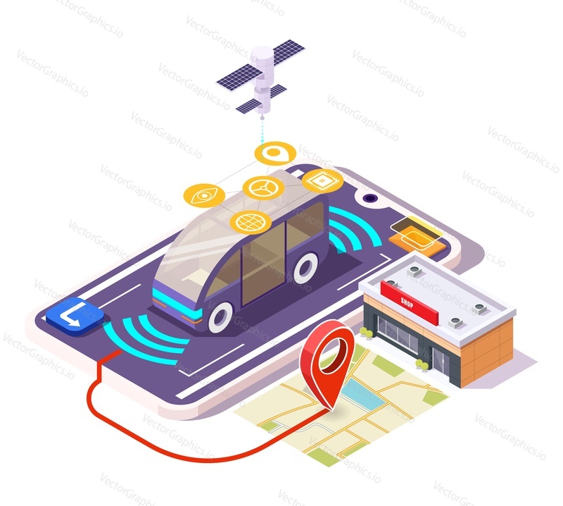 умный автомобиль 5g на экране смартфона, карта города с указанием местоположения, здание магазина, плоская векторная изометрическая иллюстрация. беспроводная сеть 5g и самоуправляемый автомобиль.