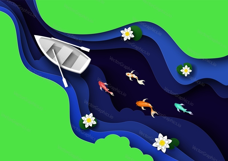 Layered paper cut river with boat, lotus flowers and koi carp fish swimming in the water. Vector illustration in paper art style.