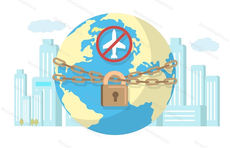 Closed country borders due to coronavirus pandemic, flat vector illustration. Avoid travel. Quarantine restrictions. Spread of corona virus Covid-19 disease prevention.