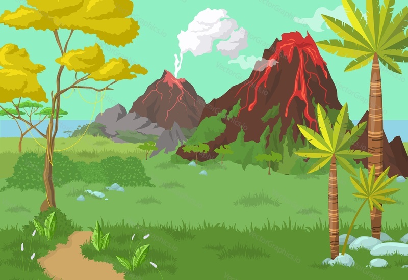 Active volcanoes, tropical nature, flat vector illustration. Volcanoes erupting hot, dangerous gases, ash and lava. Volcanic eruption.