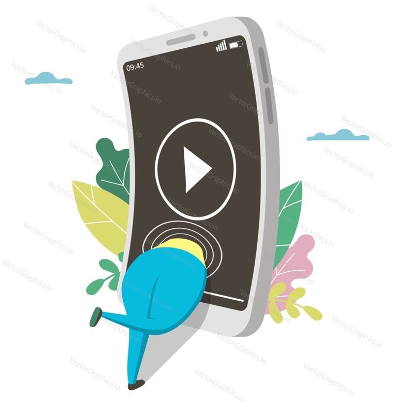 Зависимая от интернета женщина смотрит видео на смартфоне, плоская векторная иллюстрация. Зависимость от интернет-видео. Нездоровый образ жизни