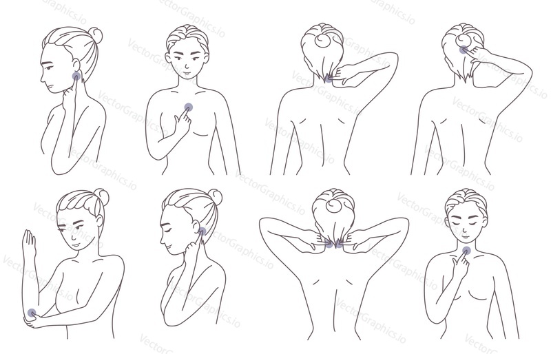Ženská postava tlačí akupresurní body na krk, loket, hlavu, prsa k úlevě od bolesti a svalového napětí, vektorové ilustrace. Akupresurní masážní terapie, tradiční čínská medicína.