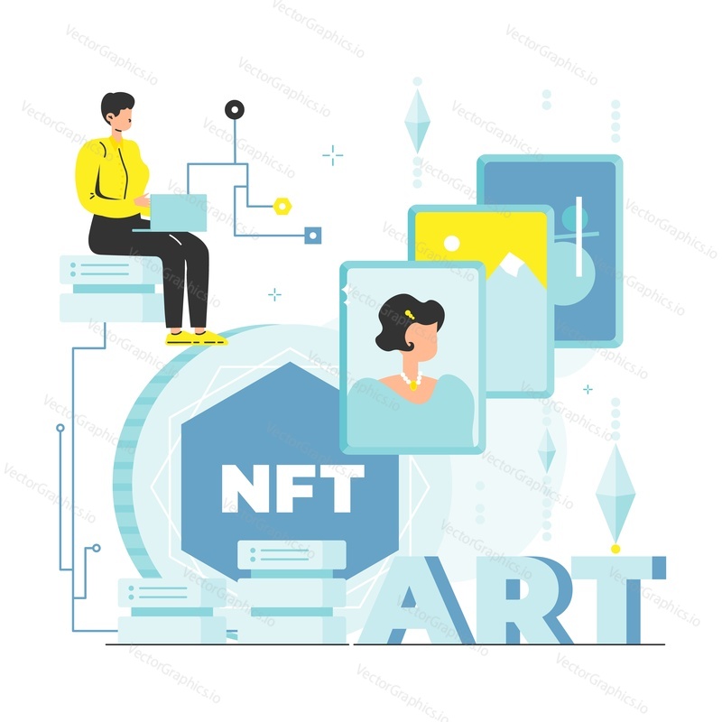 Digitální umělec vytvářející krypto umění a prodávající tokeny nft, ploché vektorové ilustrace. Nft čl. Nezaměnitelný token.