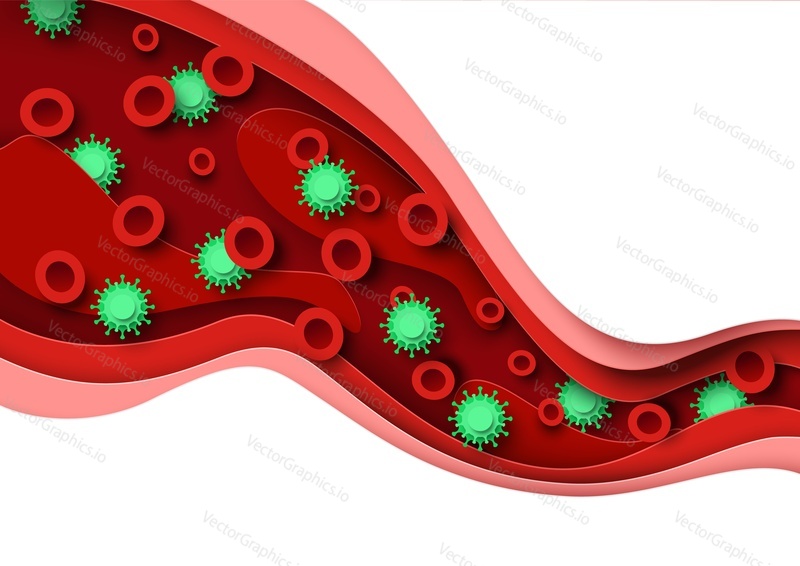 Bacterial or viral infection in blood, vector illustration in paper art style. Blood research, test. Medical poster, banner template with copy space.