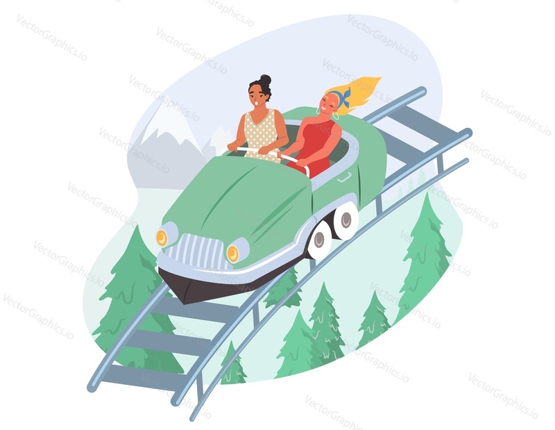 Happy girls riding roller coaster, flat vector illustration. Fairground, amusement park attraction. Entertainment, leisure activity, rollercoaster ride.