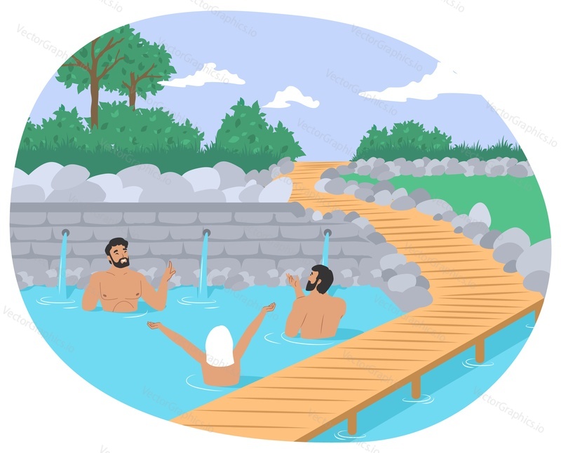 Hot springs pool. People enjoying thermal spa water, flat vector illustration. Tourists taking outdoor bath. Onsen, japanese natural hot springs resort. Relax, recreation.