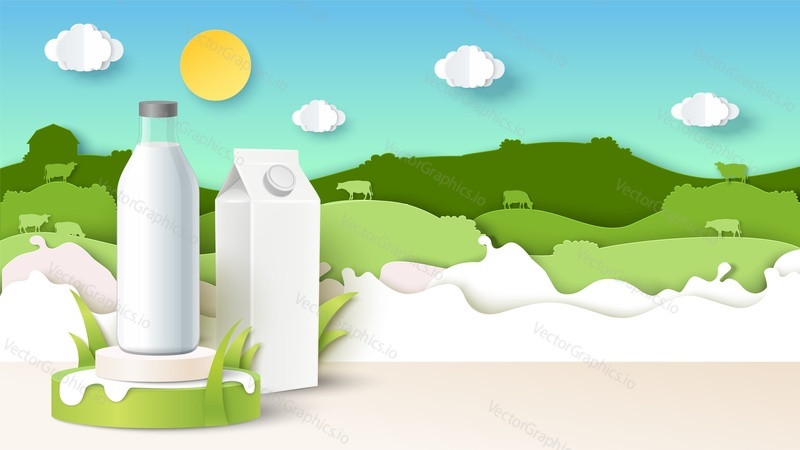 Milk packaging plastic bottle on display podium and carton pack mockups, paper cut fields, cow silhouettes, milk splashes, vector illustration. Rural background for natural dairy food product ads.