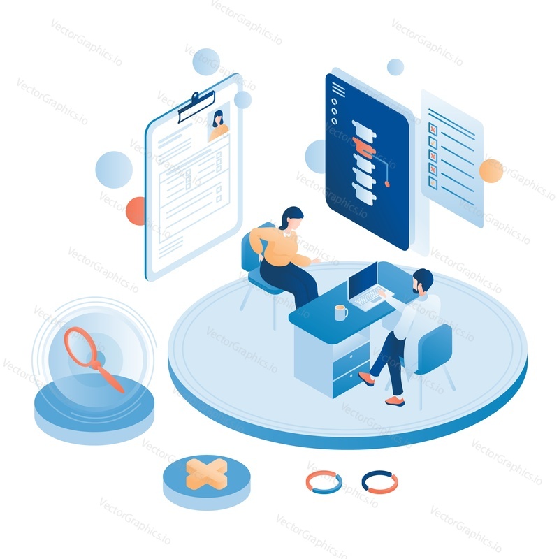 Doctor osteopath, chiropractic consulting patient female suffering from back pain, flat vector isometric illustration. Osteopathy treatment and diagnosis. Alternative medicine. Doctor consultation.