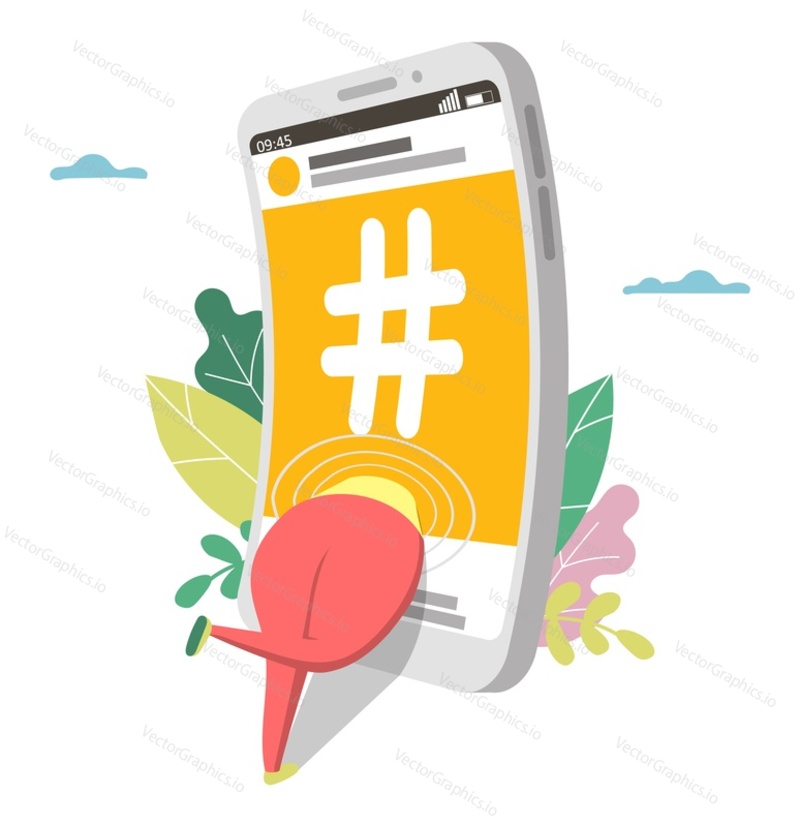 Символ хэштега и зависимая от социальных сетей женщина в смартфоне, плоская векторная иллюстрация. Зависимость от социальных сетей.
