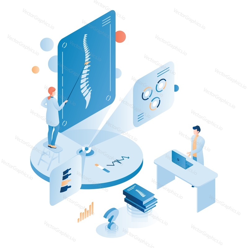 Online kurzy a školení medicíny osteopatie, ploché vektorové izometrické ilustrace. Osteopatie, chiropraxe, manuální terapie. Kariéra, distanční vzdělávání, online vzdělávání.
