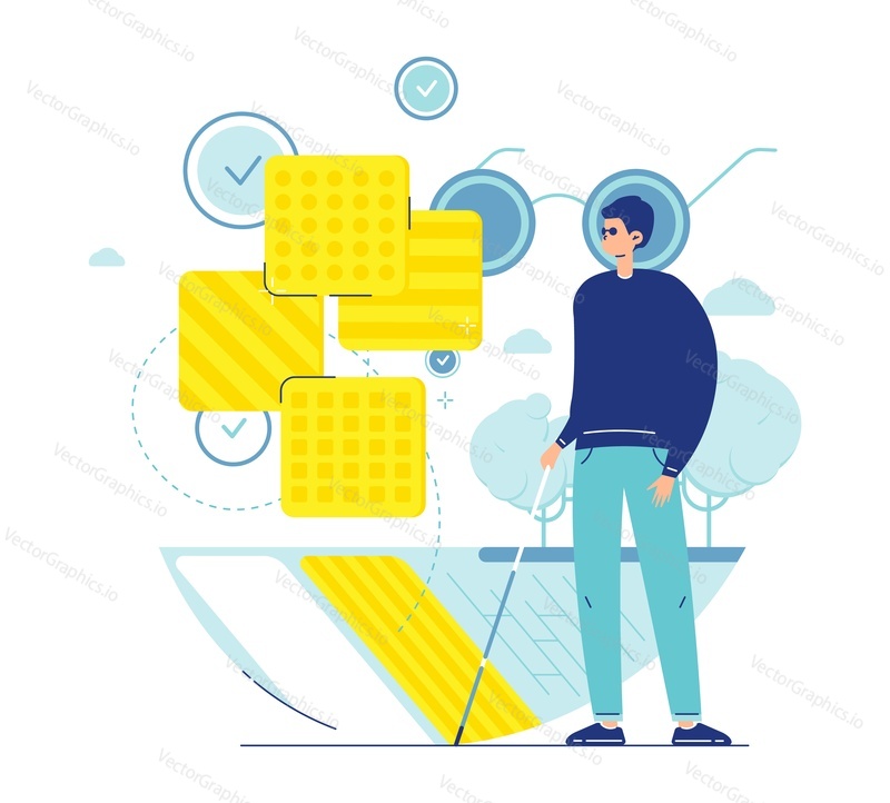 Tactile warning tiles on pedestrian crossing for the blind. Man with cane crossing street, flat vector illustration. Traffic safety for people with visual impairment. Barrier free environment.