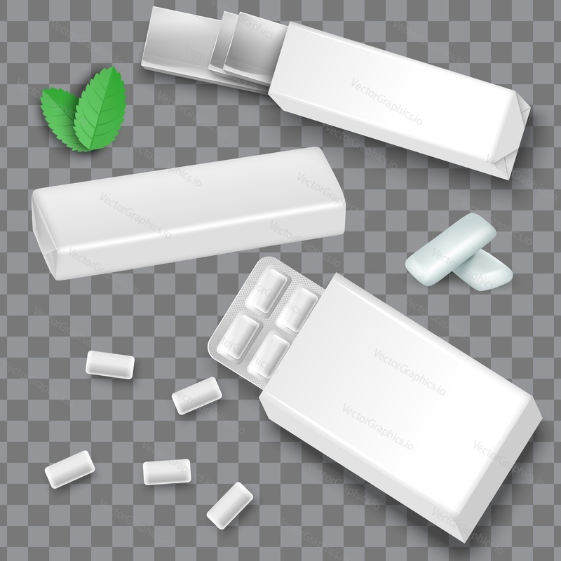 White blank pad and slab bubble gum package mockup set, green mint leaves, falling bubblegums, vector illustration isolated on transparent background.