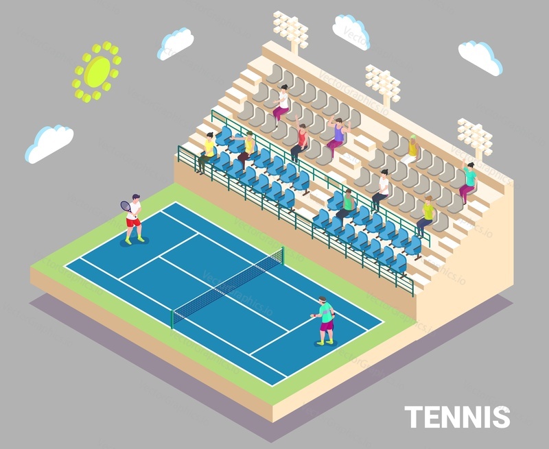 Izometrický Tenisový stadion s venkovním kurtem a tribunou, ploché vektorové ilustrace. Sportovní hřiště s hráči a fanoušky sledujícími tenisový zápas, infografický prvek.