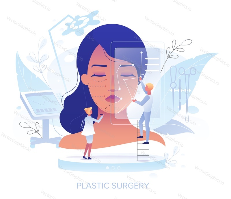 Doktor plastický chirurg kreslení řezných čar se značkou na ženské tváři, ploché vektorové ilustrace. Plastická chirurgie, kosmetická procedura. Brada, vylepšení tváře. Konturování obličeje.