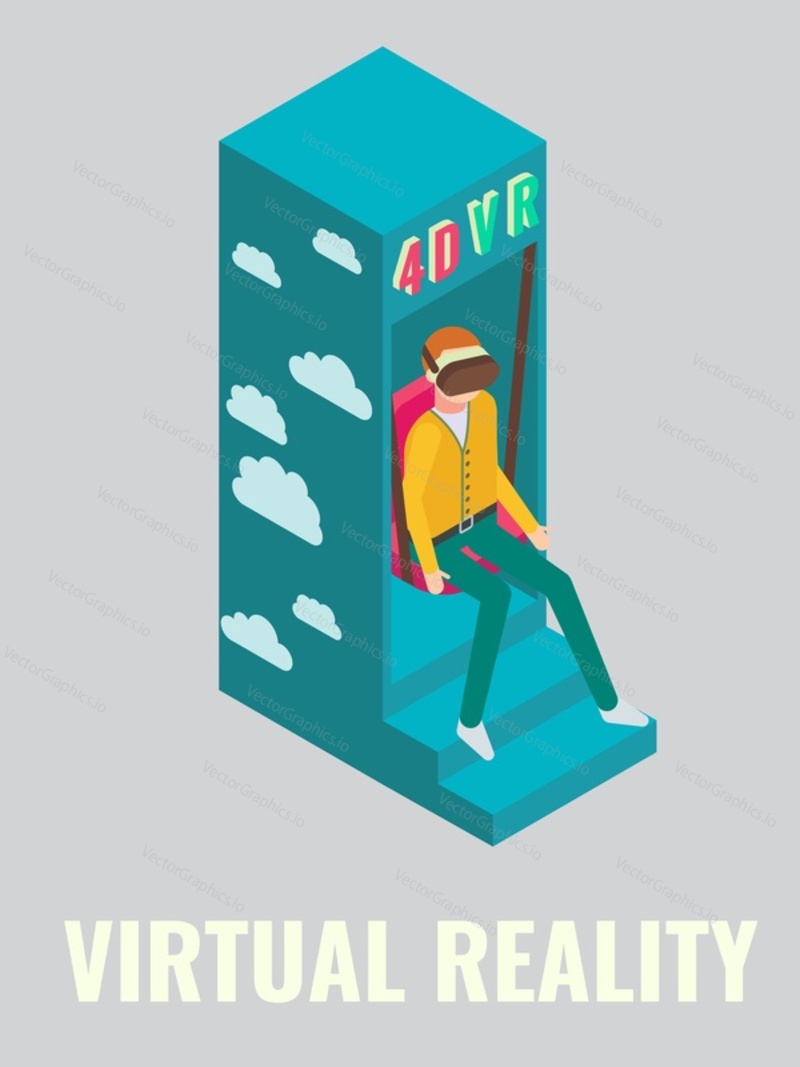 Mladý muž hraje virtuální realita arkádová hra, ploché vektorové izometrické ilustrace. Herní klub, pokoj, zóna atrakce, zábavné aktivity, Zábava. Arkádové hry.