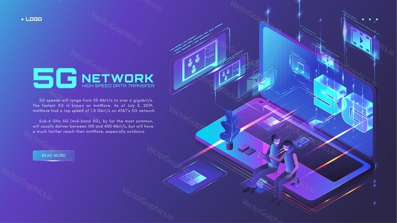Баннер веб-сайта сети 5G, шаблон дизайна веб-страницы, изометрическая светящаяся неоновая векторная иллюстрация. Высокая скорость передачи данных. Пятое поколение беспроводных технологий.
