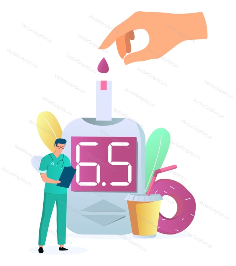 Test hladiny cukru v krvi s glukometrem, diabetes inzulín kontrolní zařízení, metr, ploché vektorové ilustrace. Diagnostika Diabetes mellitus, monitorování hladiny glukózy v krvi.