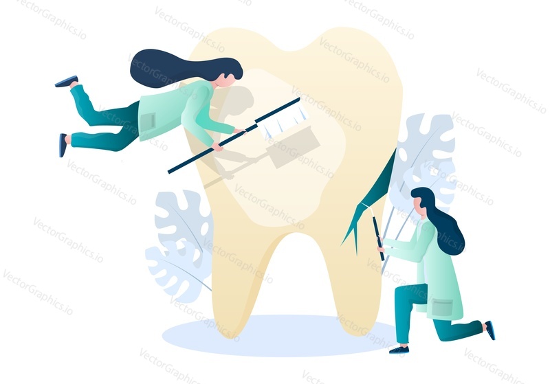 Doktor Zubař znaky čištění a léčení nezdravé lidský zub, ploché vektorové ilustrace. Zubní lékařství, ústní zdraví a hygiena.